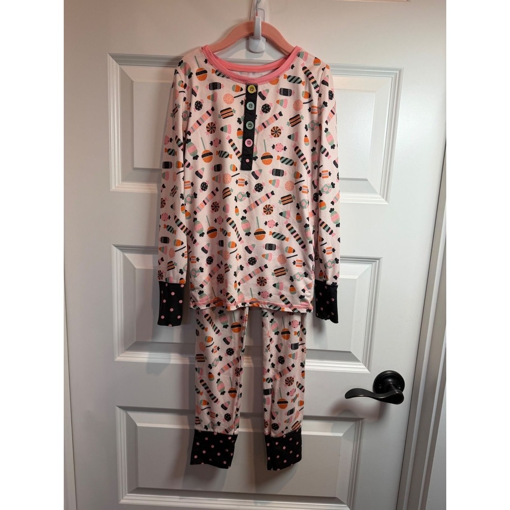Matilda Jane Kids Pink Candy Print Pajama Set Long Sleeve Polka Dot Cuffs Size 8